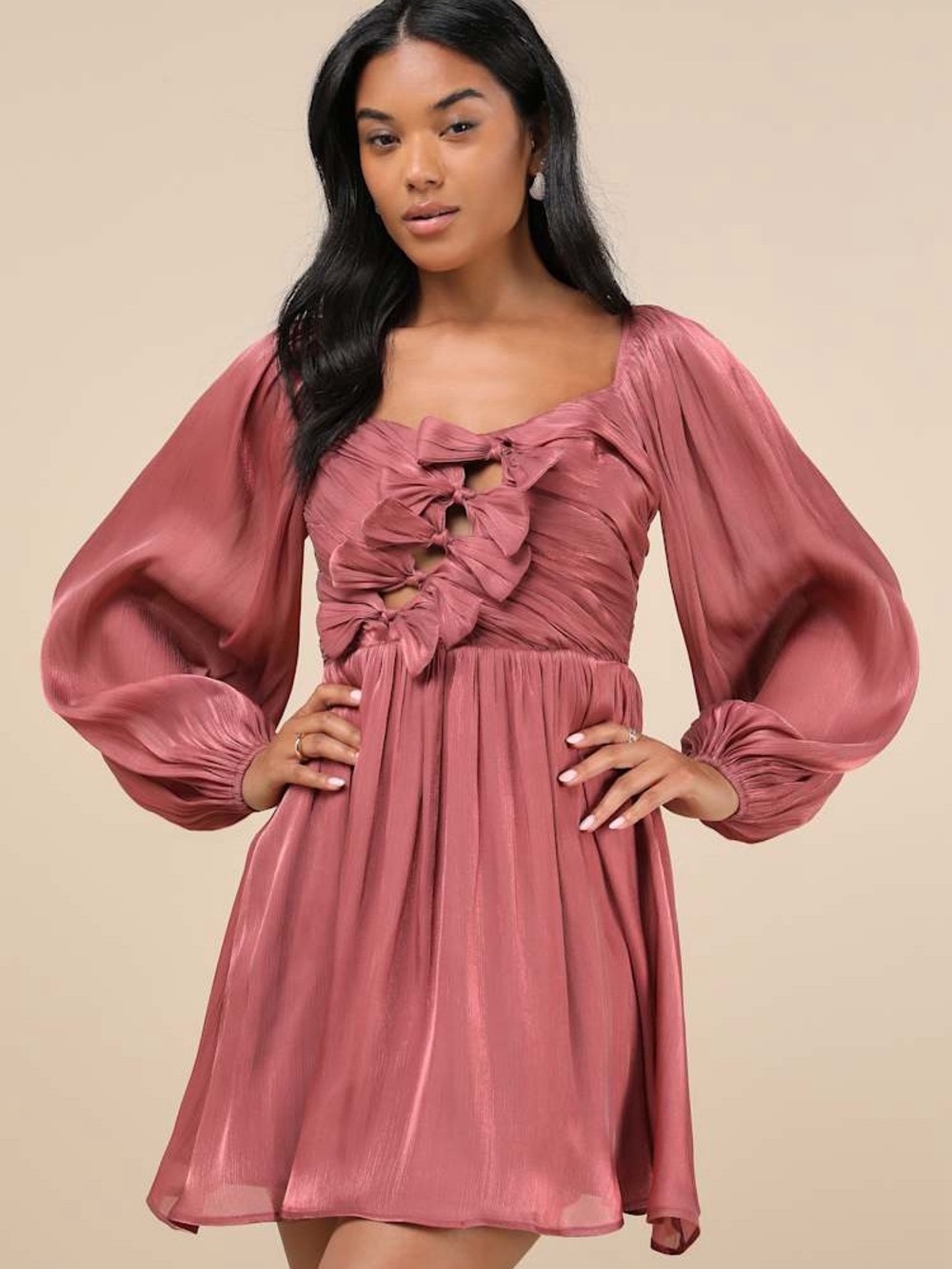 Lulu's Dusty Rose Pleated Mini Dress with Bow Front Size Medium